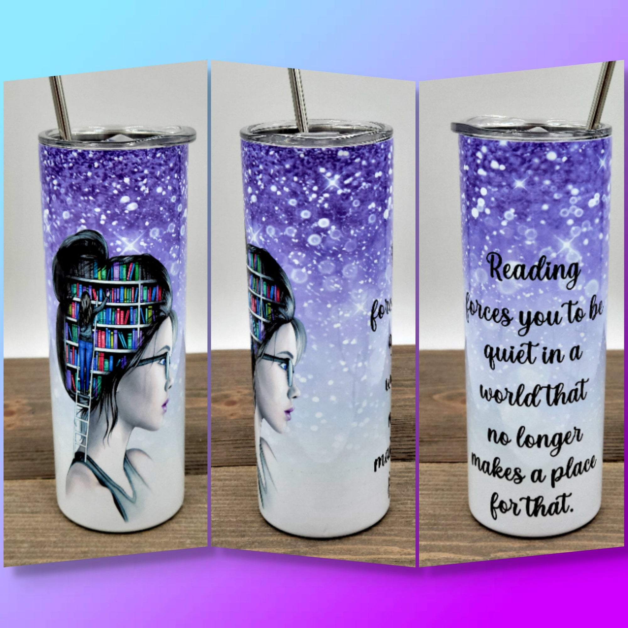 GIRL BOOK HEAD - 20 oz skinny tumbler with straw, Drinkware, Reading Cup, Books, Love to read