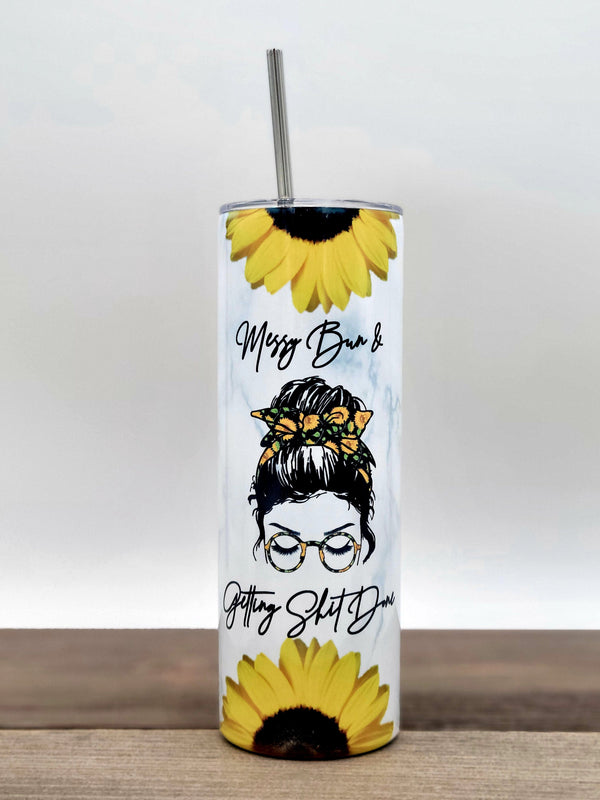 Mom Life Messy Bun Leopard Sunflower 20 oz Skinny Tumbler – Burlap Bowtique