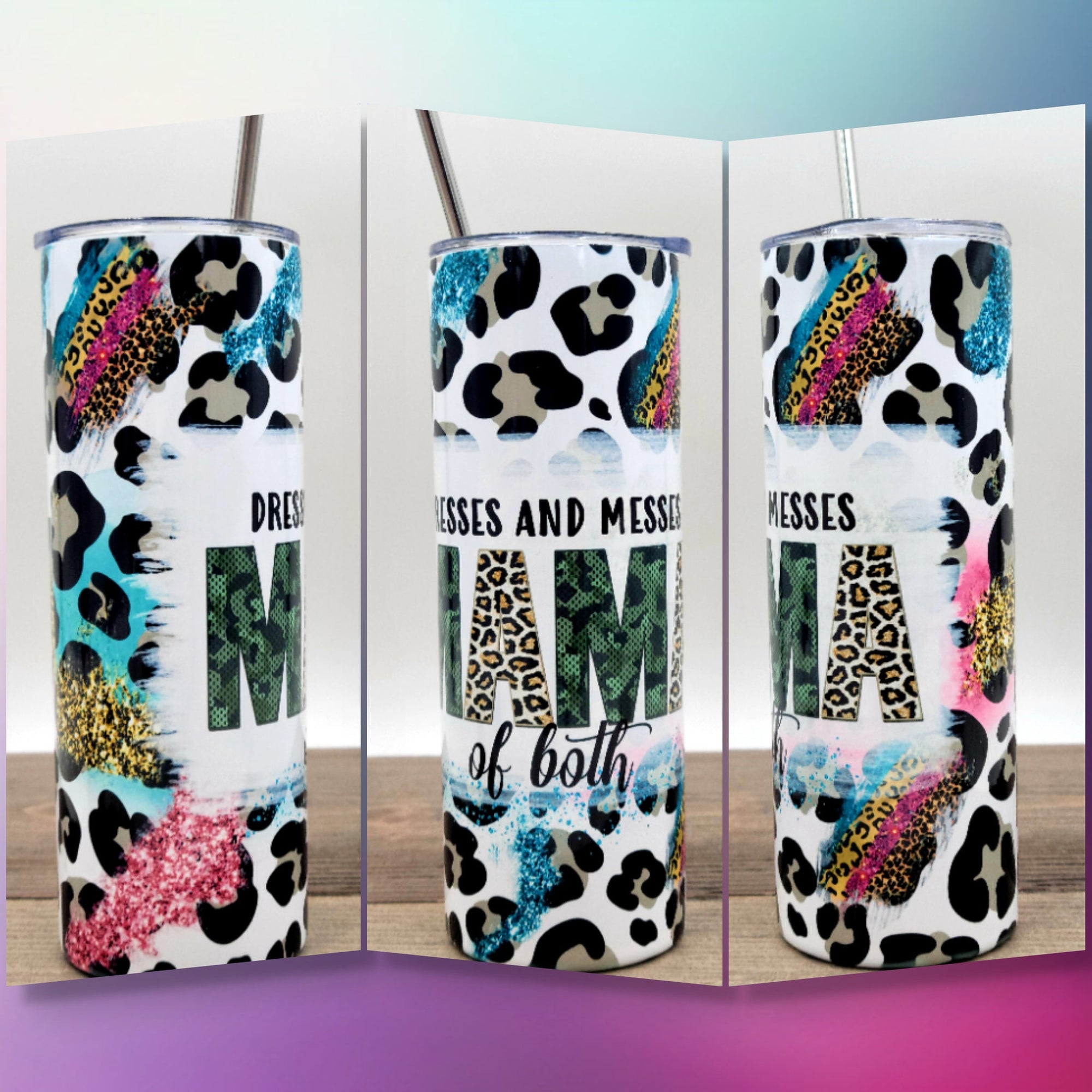 Mom Tumbler Dresses And Messes Mama Of Both Tumbler, Funny Mama Mug, Leopard And Camo Pattern Tumbler, Gift For Mom, Mothers