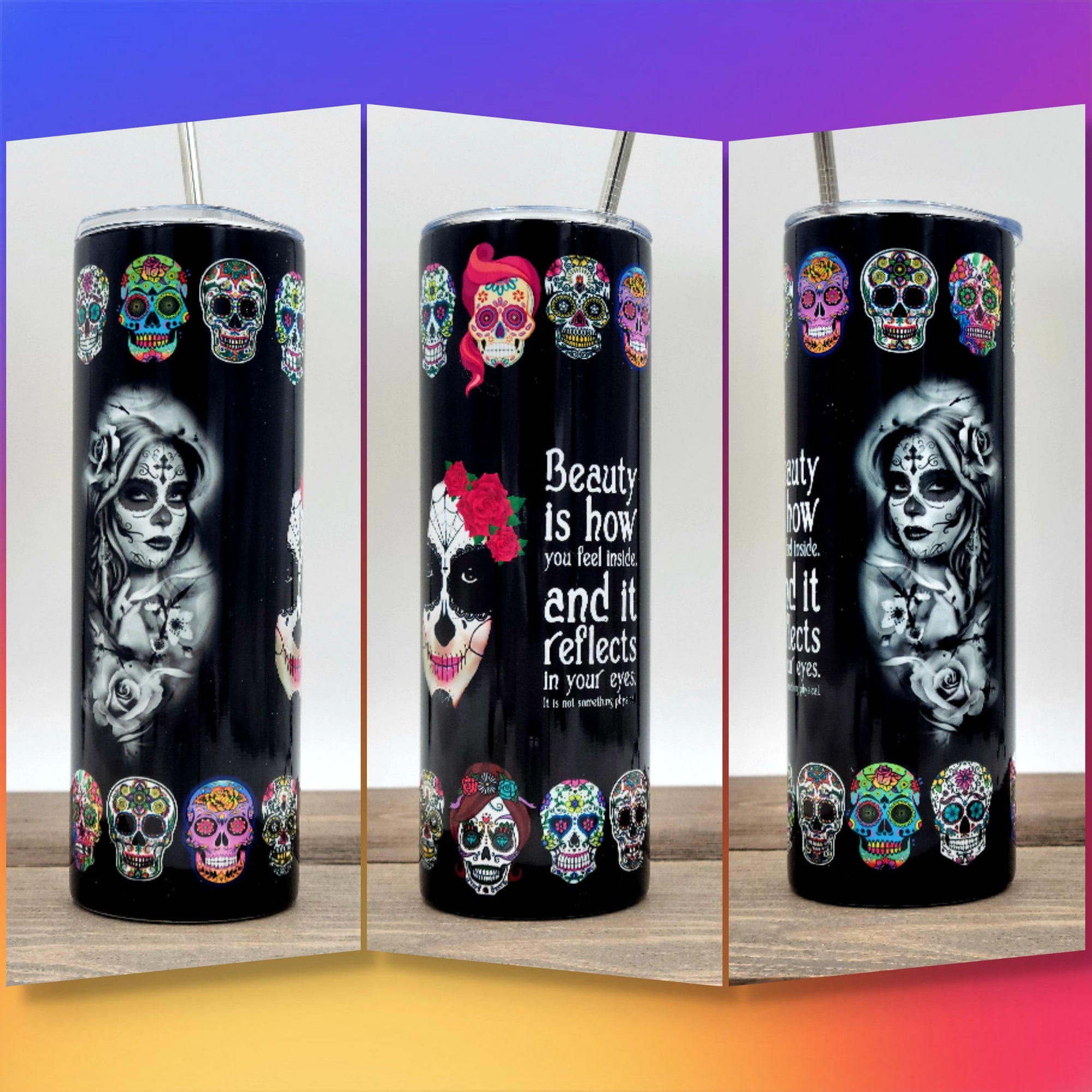 Black Beauty Sugar Skull Design | 20oz Tumbler | Sugar Skull | Fun Birthday Gifts | Halloween Tumbler | Colorful Skull Tumbler