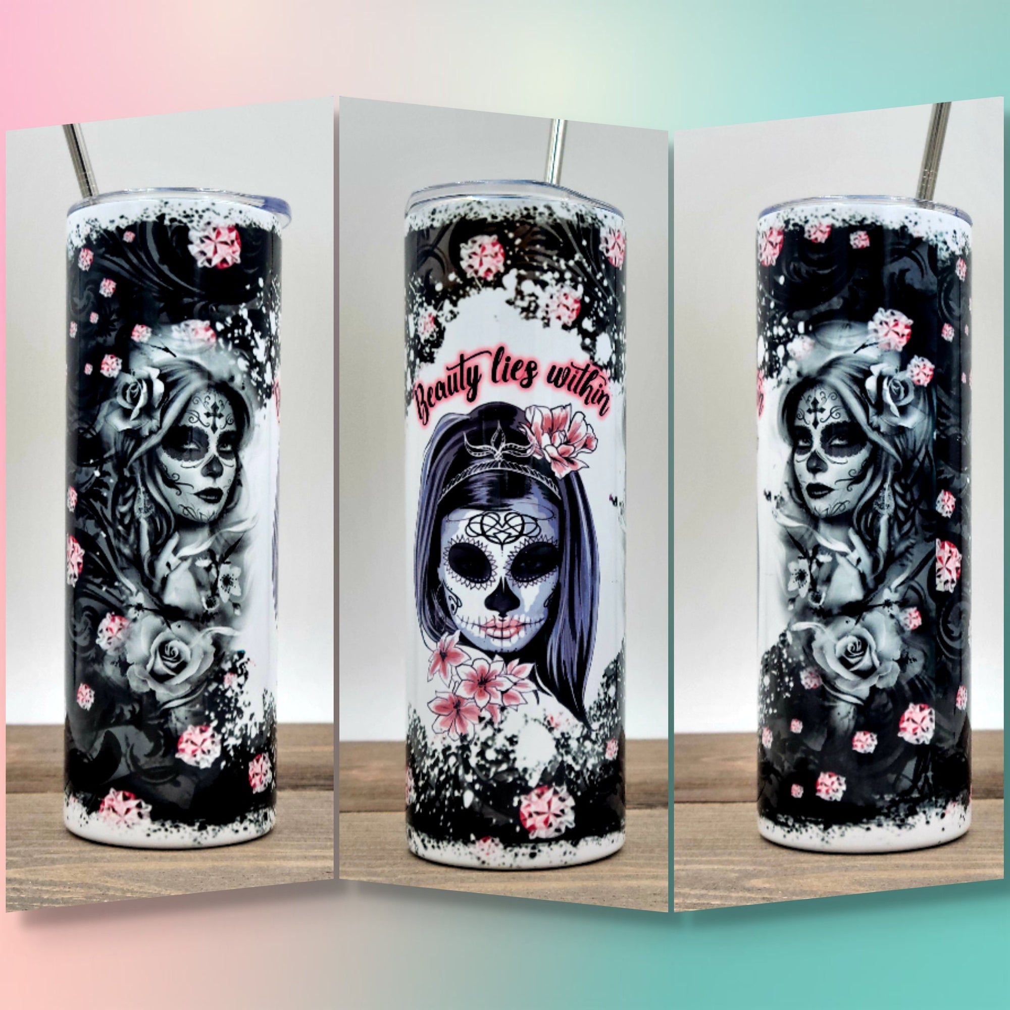 Beauty Lies Within Sugar Skull Design | 20oz Tumbler | Sugar Skull | Fun Birthday Gifts | Halloween Tumbler | Colorful Skull Tumbler