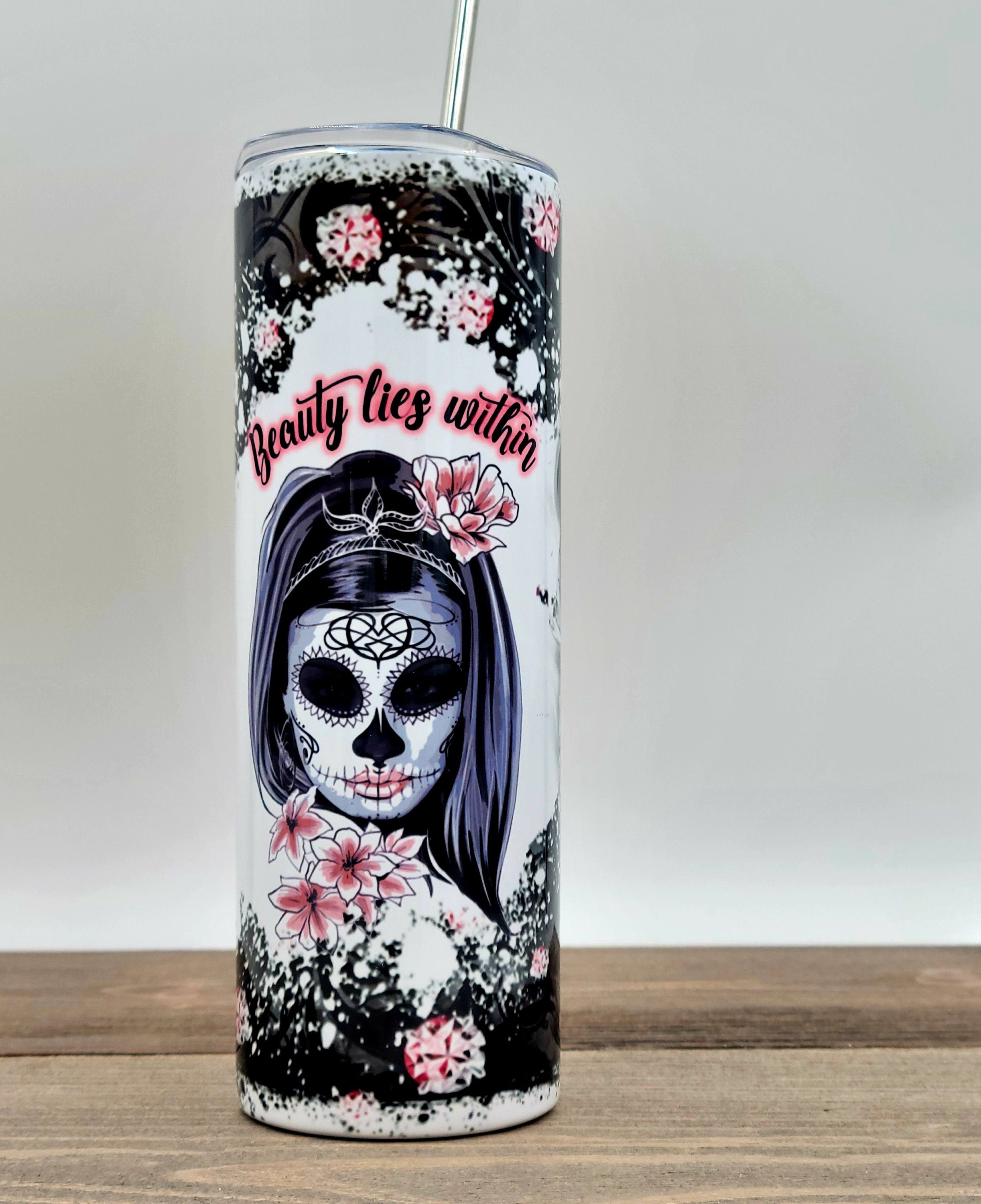 Sunflower Skull Personalized Custom Water and Coffee Tumbler, Black Glitter  Cups With Inspirational Quotes, Wildflower Dark Gift for Women 