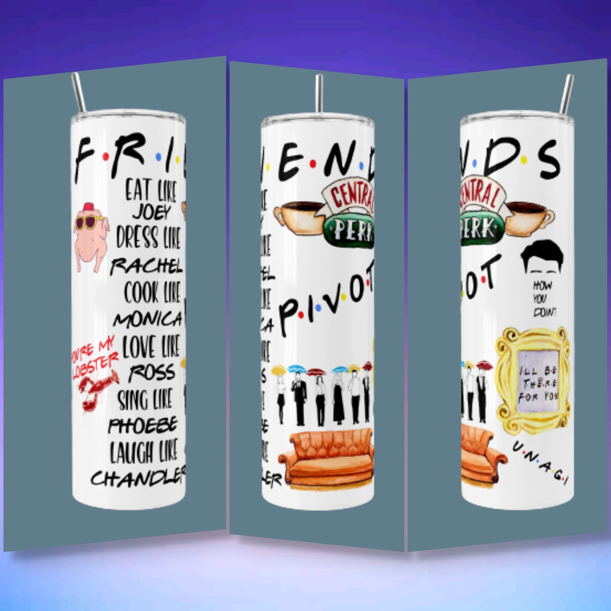 20oz Skinny Stainless Steel double wall Tumbler | FRIENDS collage Pivot | TV show