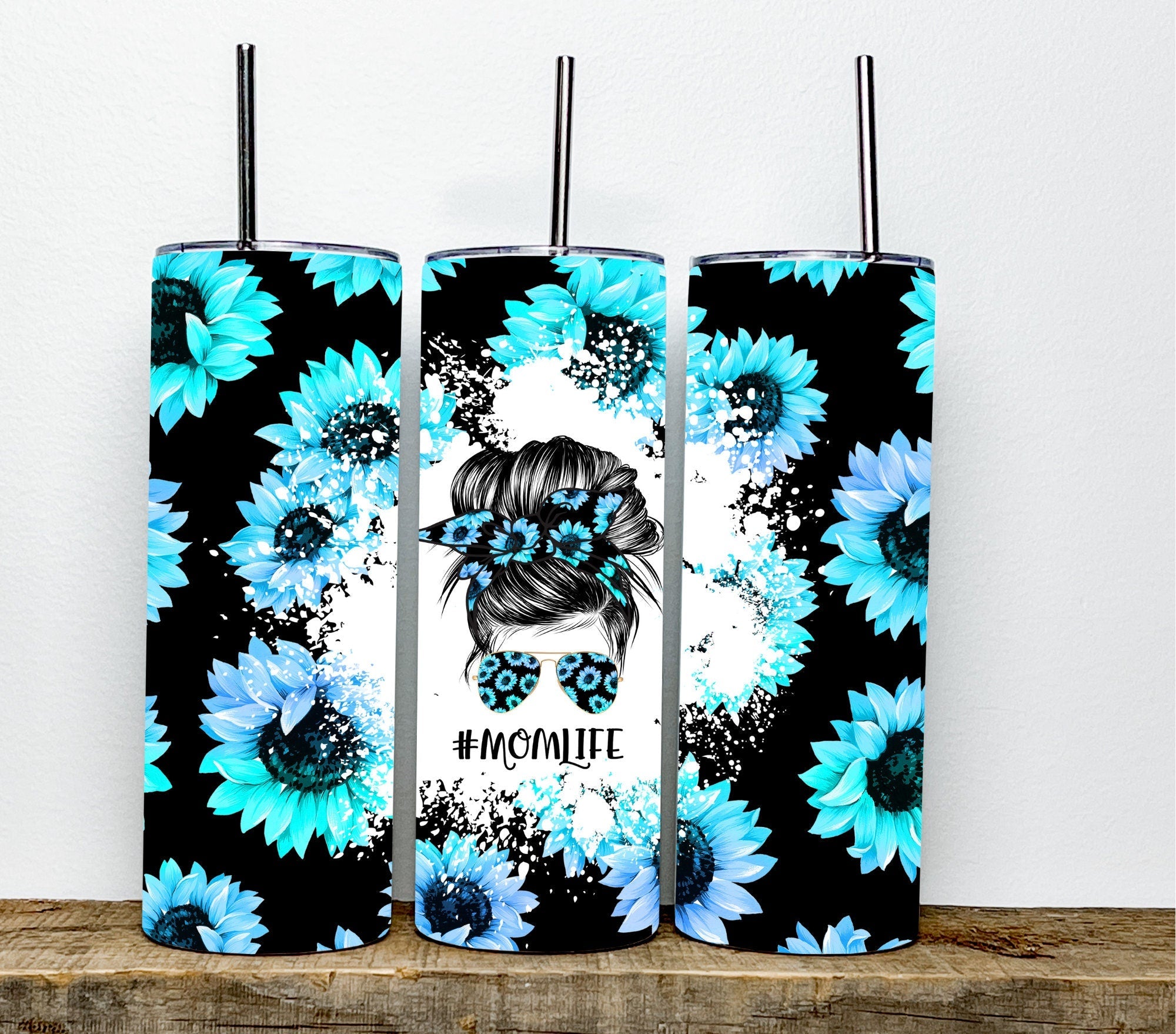 Blue Sunflower Tumbler | #MomLife | Mom Life Tumbler | 20oz Skinny Tumbler with Straw