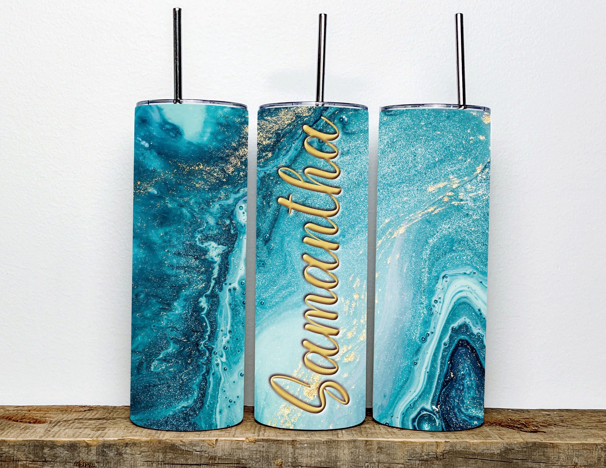 Aqua Blue Beach Glitter 20oz Skinny Tumbler - Double Wall Stainless Steel with Straw - Personalized w/ Name - NOT Epoxy