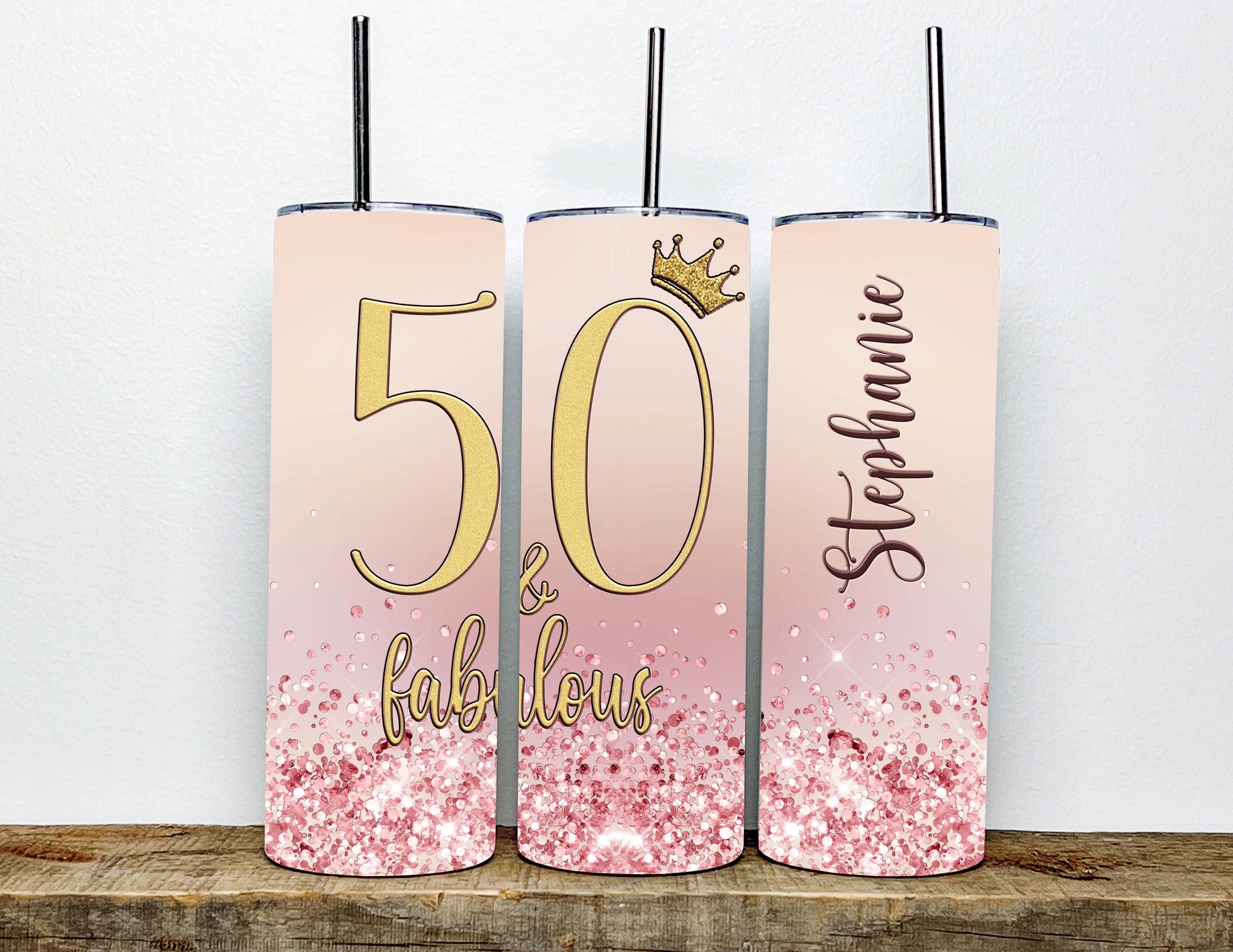 50 and Fabulous Milestone Birthday Tumbler w/straw - Chunky FAUX Blush Pink Glitter Cup Gift For Women - Personalized Tumbler Gift for Her