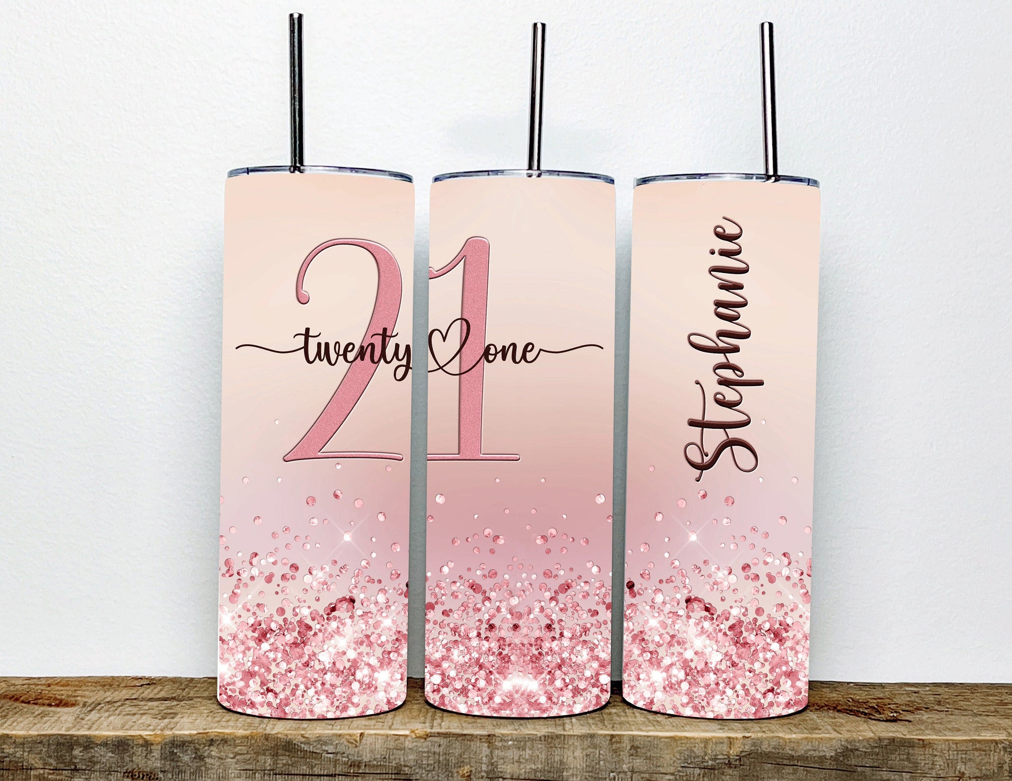 21st Birthday Milestone Birthday Tumbler | Personalized Name 21st Birthday Girl Gift For Her | Ombre Chunky Blush Pink FAUX Glitter Tumbler