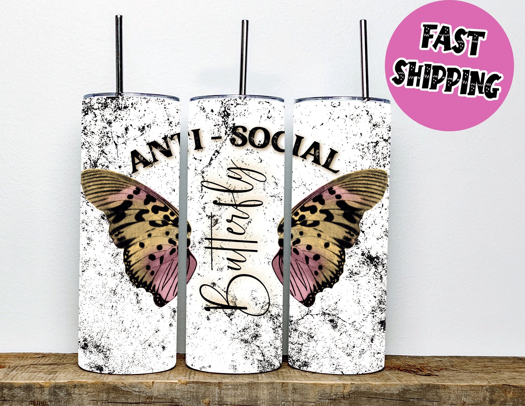 Anti Social Butterfly Sublimation Design 20oz Skinny Tumbler With Straw | Vintage Butterfly Tumbler | Tumbler For Introvert