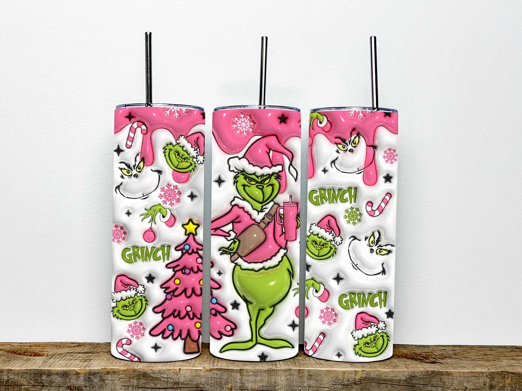 3D Pink Grinch 20 Oz Skinny Tumbler | Santa Claus | Christmas 20oz Tumbler Wrap | Christmas Gift