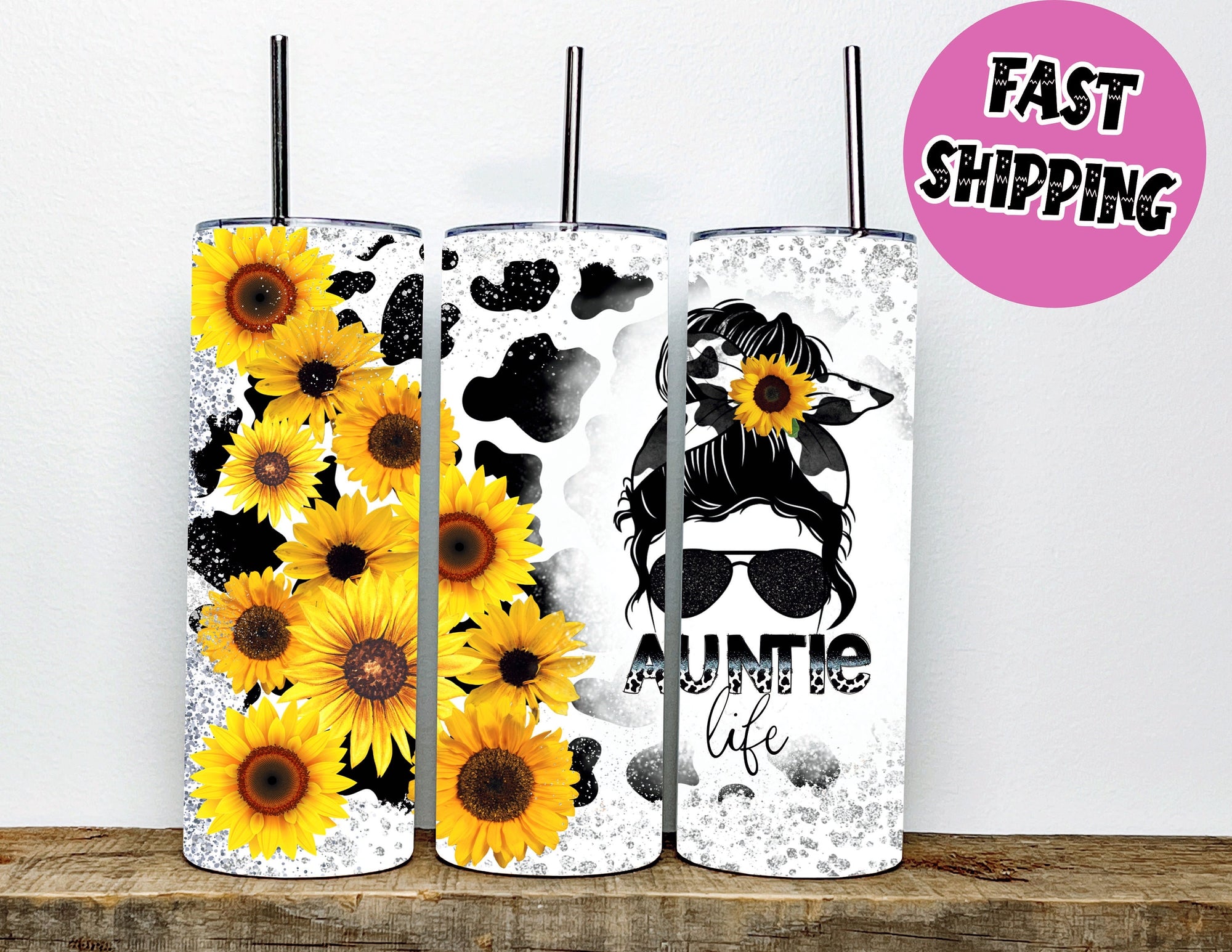 Auntie Life 20 oz Skinny Tumbler Sublimation Design | Sunflower Tumbler, Glitter Cow Print Stainless Steel Tumbler With Straw