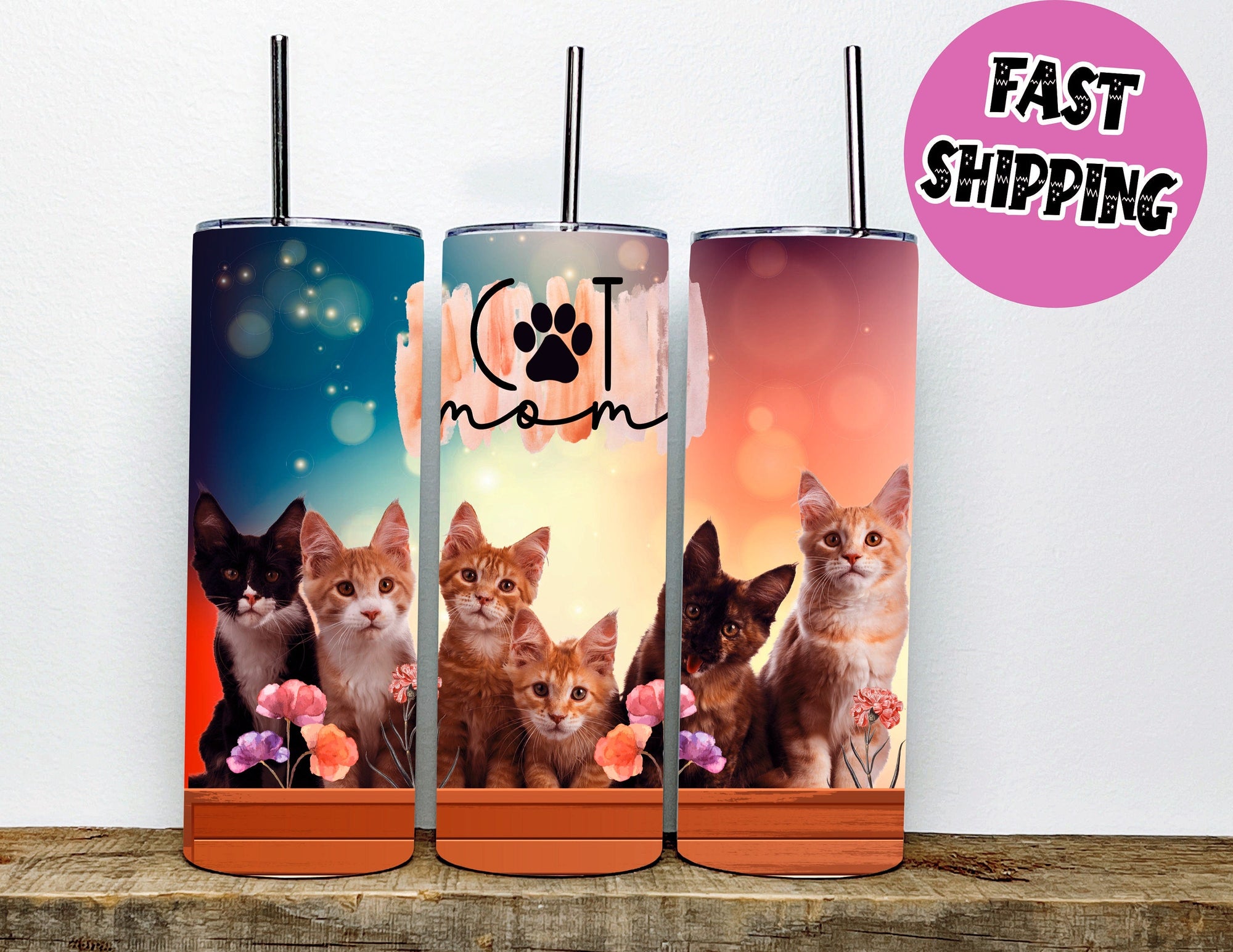 Cat Mom 20 oz Skinny Tumbler Sublimation Design Cat Mom Tumbler With Straw | Tumbler Gift For Cat Lovers